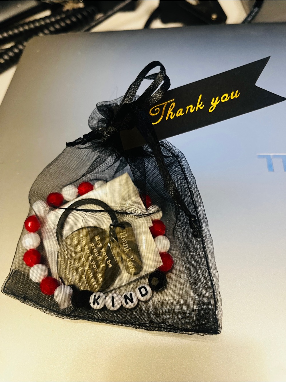 Beaded 'KIND' Bracelet Gift Set in Red, White & Black - Thank You Charm